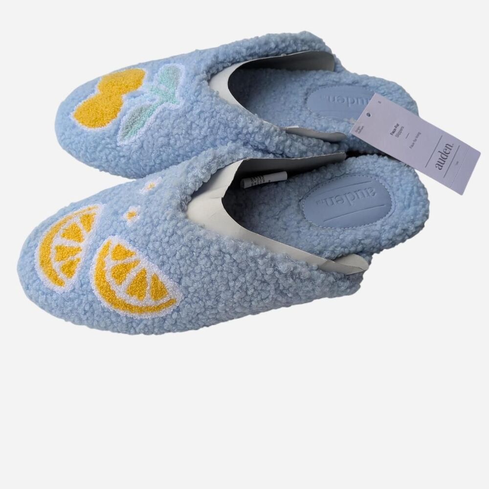 NWT Auden Women's Faux-Fur Sherpa Slipper Slides Light Blue Lemon - Size 8 - Picture 3 of 5